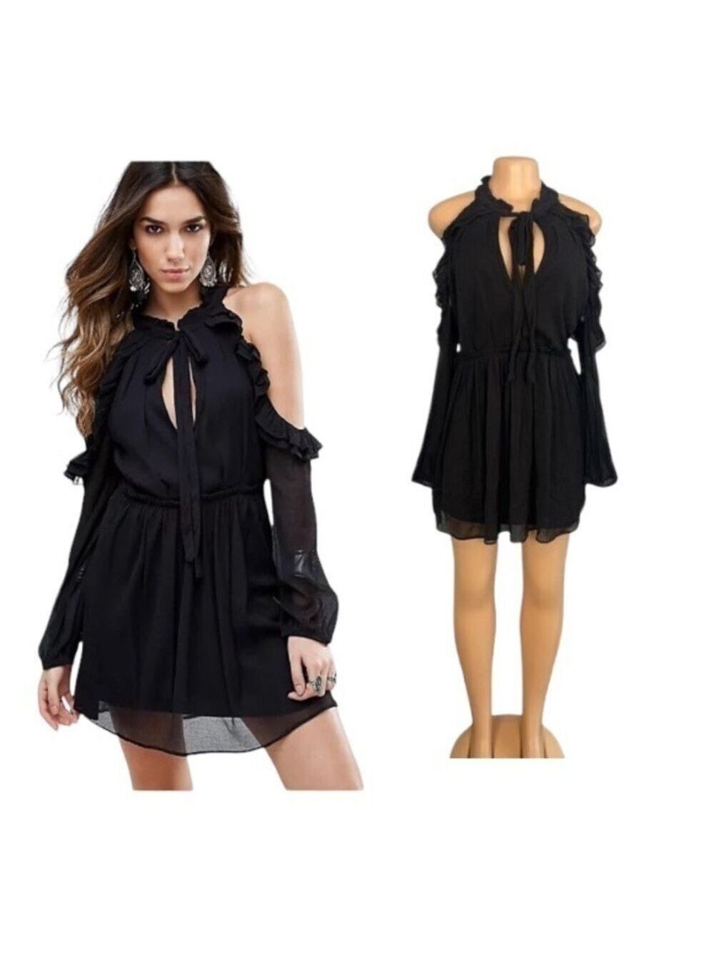 Free PEOPLE Black You And I Frill Mini Dress Sz XS.  (S035)